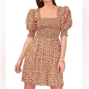1. State Rust Leopard / Cheetah Smocked Mini Dress - Size Small